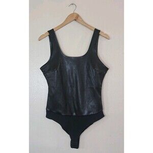 Pinsy Vegan Leather Shapewear Bodysuit Black Scoop Neck Sculpting Size Large